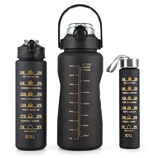 3 In 1 Motivational bottleSet of 3 Water Bottle 2000ML, 900ML, 300ML with Motivational Time Marker, Leakproof Durable Sipper Water bottle for office, School, gym (BLACK)| Plastic