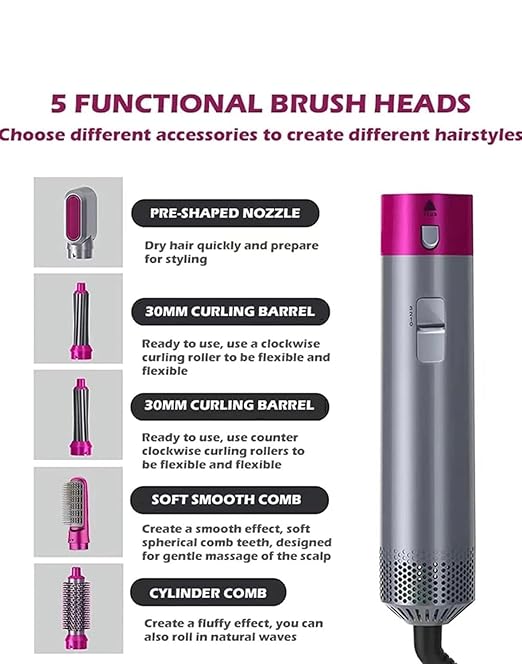 5 In 1 Hot Air Styler Hair Dryer Comb Multifunctional Styling Tool Fast Heating Crimper Wand Manual Curler In All Hair Type,Negative Ion Comb For Straightening, 1000 Watts