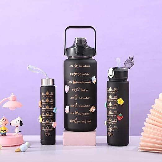 3 In 1 Motivational bottleSet of 3 Water Bottle 2000ML, 900ML, 300ML with Motivational Time Marker, Leakproof Durable Sipper Water bottle for office, School, gym (BLACK)| Plastic