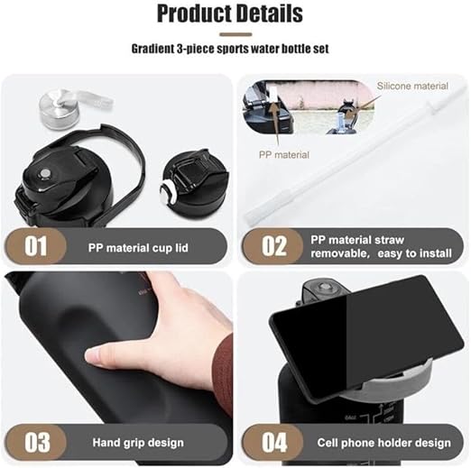 3 In 1 Motivational bottleSet of 3 Water Bottle 2000ML, 900ML, 300ML with Motivational Time Marker, Leakproof Durable Sipper Water bottle for office, School, gym (BLACK)| Plastic