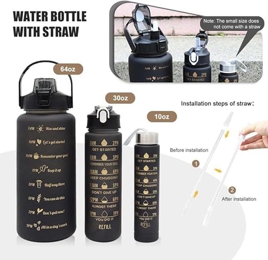 3 In 1 Motivational bottleSet of 3 Water Bottle 2000ML, 900ML, 300ML with Motivational Time Marker, Leakproof Durable Sipper Water bottle for office, School, gym (BLACK)| Plastic