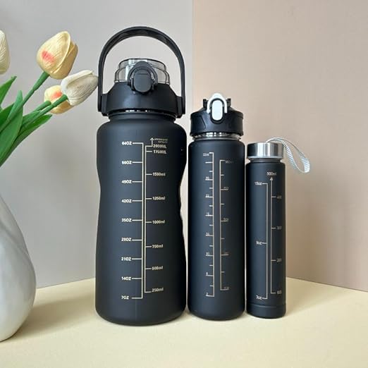 3 In 1 Motivational bottleSet of 3 Water Bottle 2000ML, 900ML, 300ML with Motivational Time Marker, Leakproof Durable Sipper Water bottle for office, School, gym (BLACK)| Plastic