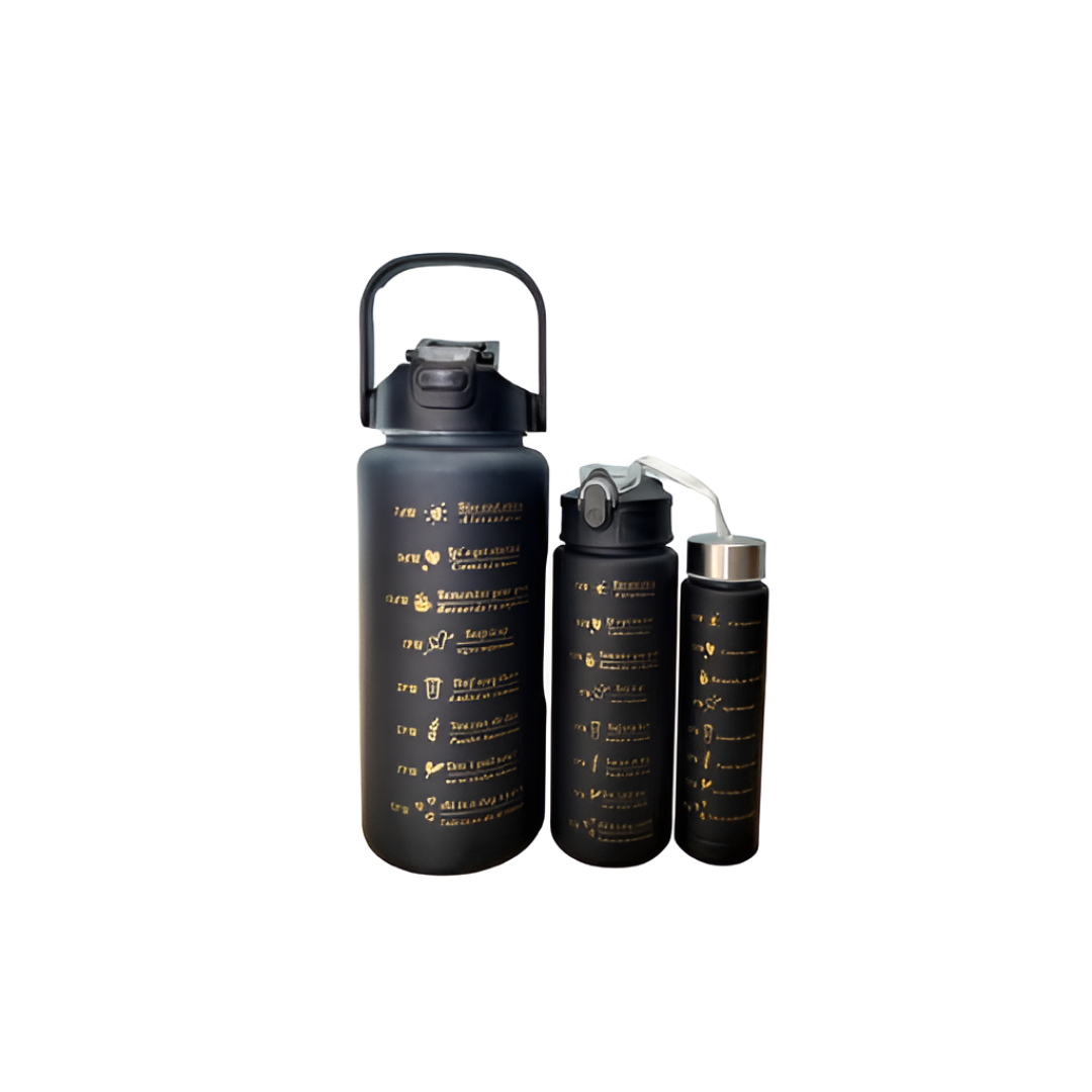 3 In 1 Motivational bottleSet of 3 Water Bottle 2000ML, 900ML, 300ML with Motivational Time Marker, Leakproof Durable Sipper Water bottle for office, School, gym (BLACK)| Plastic