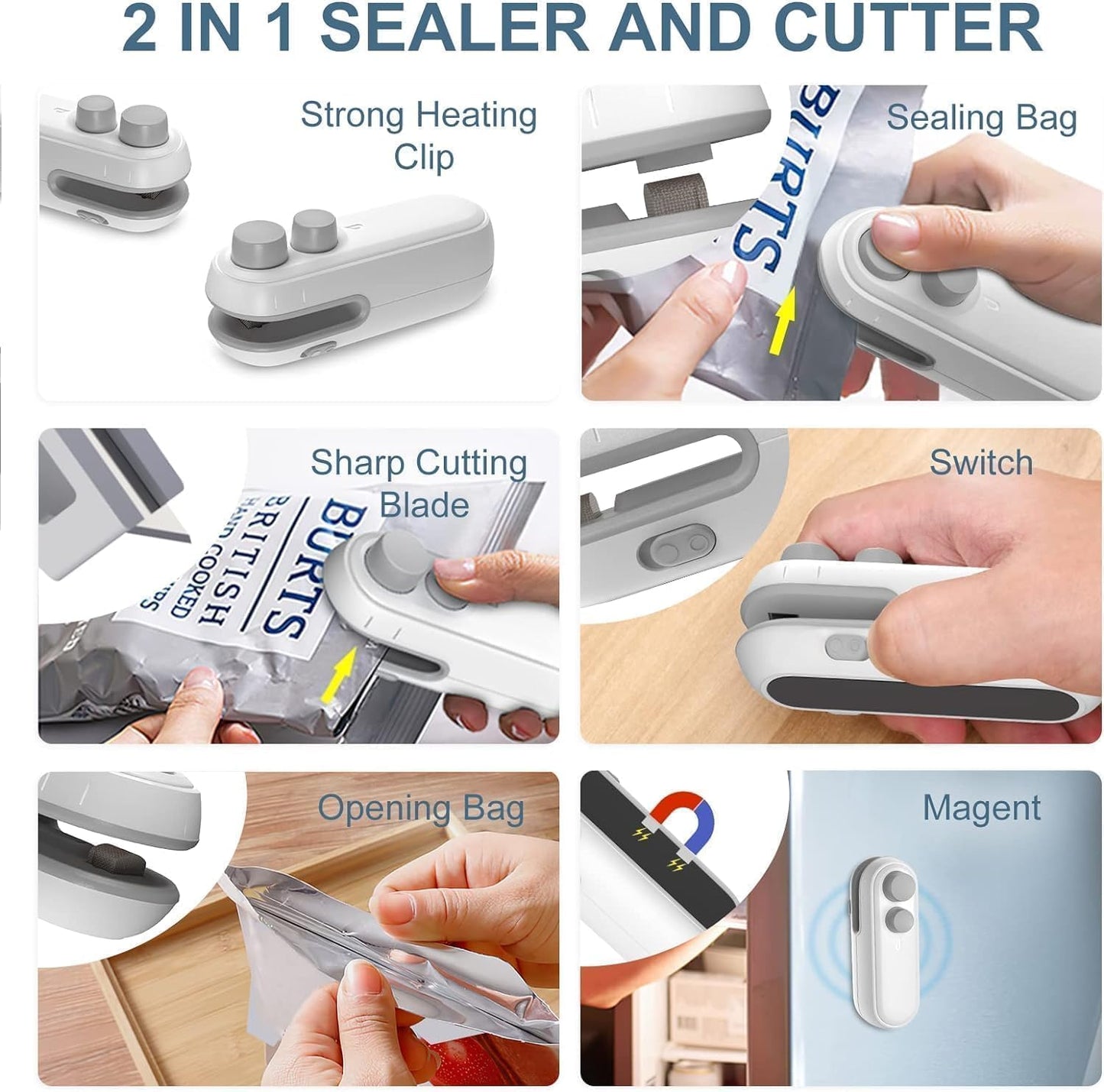 Portable Plastic Bag Sealing Machine | CONSTRUX Mini Bag Sealer with Cutter and Magnet | Packet Sealer for Food, Chips, Snacks, Traveling Food Packets Bags (Rechargeable) 1Pcs (Black)