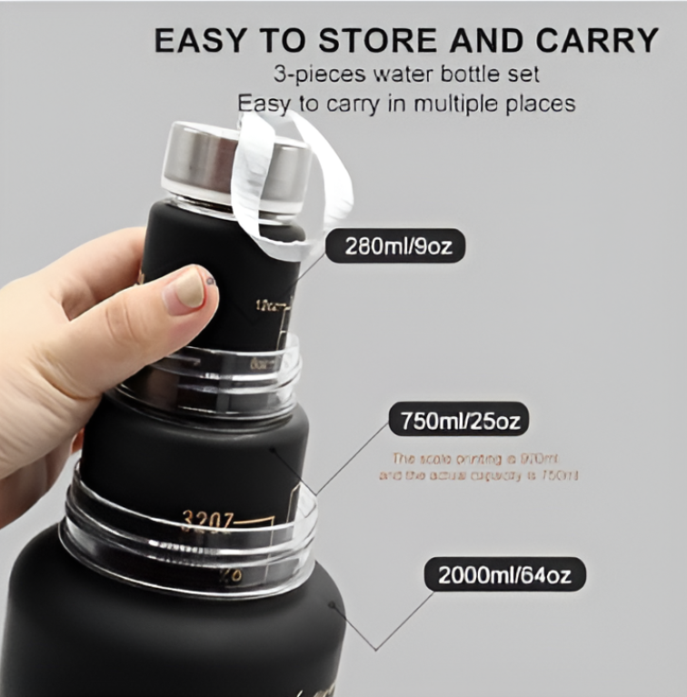 3 In 1 Motivational bottleSet of 3 Water Bottle 2000ML, 900ML, 300ML with Motivational Time Marker, Leakproof Durable Sipper Water bottle for office, School, gym (BLACK)| Plastic