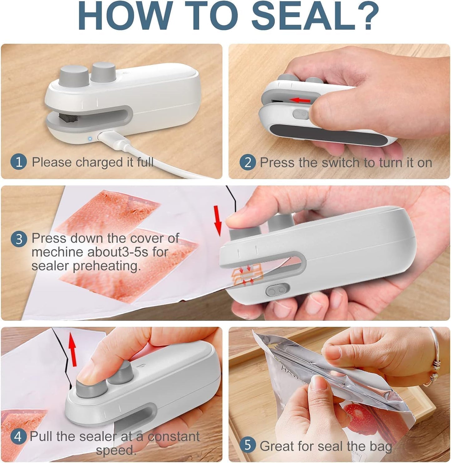 Portable Plastic Bag Sealing Machine | CONSTRUX Mini Bag Sealer with Cutter and Magnet | Packet Sealer for Food, Chips, Snacks, Traveling Food Packets Bags (Rechargeable) 1Pcs (Black)