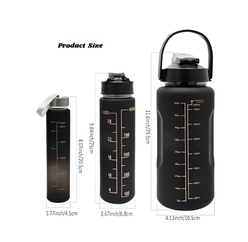 3 In 1 Motivational bottleSet of 3 Water Bottle 2000ML, 900ML, 300ML with Motivational Time Marker, Leakproof Durable Sipper Water bottle for office, School, gym (BLACK)| Plastic