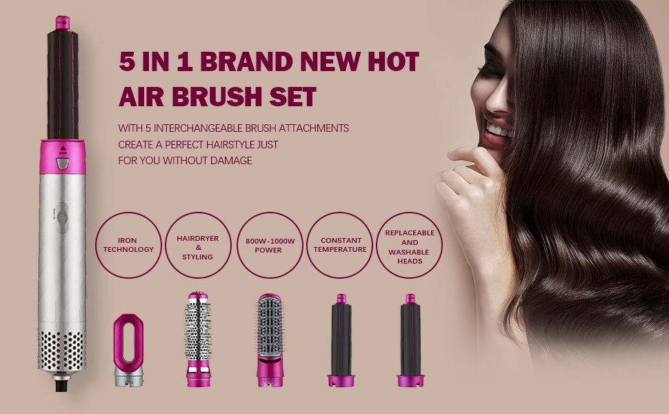 5 In 1 Hot Air Styler Hair Dryer Comb Multifunctional Styling Tool Fast Heating Crimper Wand Manual Curler In All Hair Type,Negative Ion Comb For Straightening, 1000 Watts