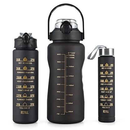 3 In 1 Motivational bottleSet of 3 Water Bottle 2000ML, 900ML, 300ML with Motivational Time Marker, Leakproof Durable Sipper Water bottle for office, School, gym (BLACK)| Plastic