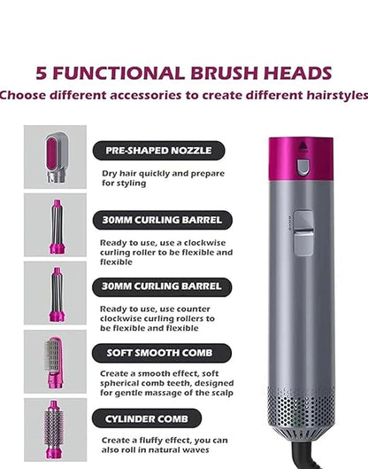 5 In 1 Hot Air Styler Hair Dryer Comb Multifunctional Styling Tool Fast Heating Crimper Wand Manual Curler In All Hair Type,Negative Ion Comb For Straightening, 1000 Watts