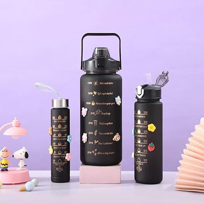 3 In 1 Motivational bottleSet of 3 Water Bottle 2000ML, 900ML, 300ML with Motivational Time Marker, Leakproof Durable Sipper Water bottle for office, School, gym (BLACK)| Plastic