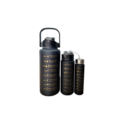 3 In 1 Motivational bottleSet of 3 Water Bottle 2000ML, 900ML, 300ML with Motivational Time Marker, Leakproof Durable Sipper Water bottle for office, School, gym (BLACK)| Plastic