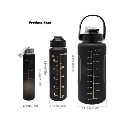 3 In 1 Motivational bottleSet of 3 Water Bottle 2000ML, 900ML, 300ML with Motivational Time Marker, Leakproof Durable Sipper Water bottle for office, School, gym (BLACK)| Plastic